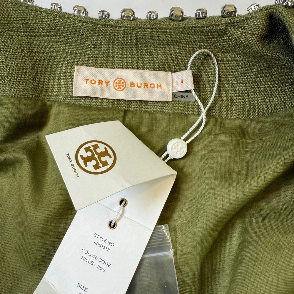 TORY BURCH Avery Hills Linen Blend 3/4 Jacket Blazer Olive Green Size‎ 4 New
